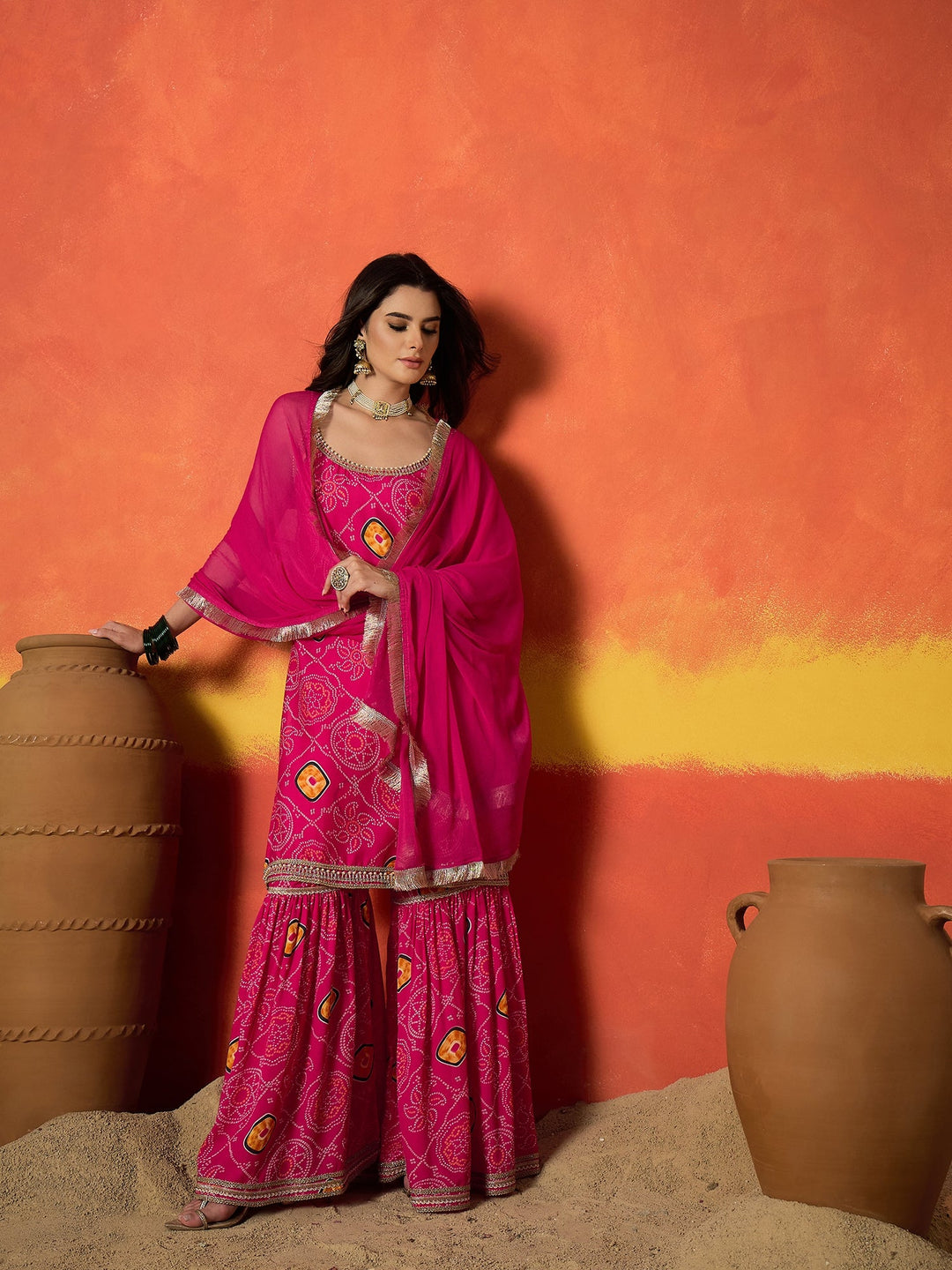 Pink Bandhej Printed Crepe Straight Kurta Sharara Dupatta Set