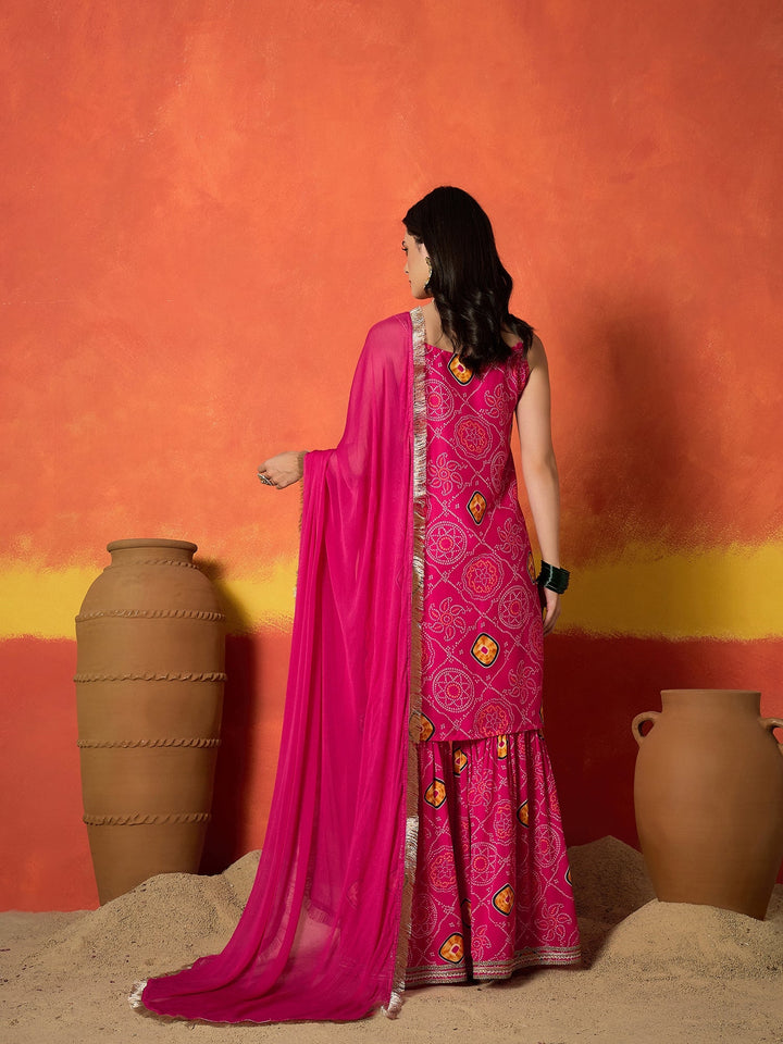 Pink Bandhej Printed Crepe Straight Kurta Sharara Dupatta Set