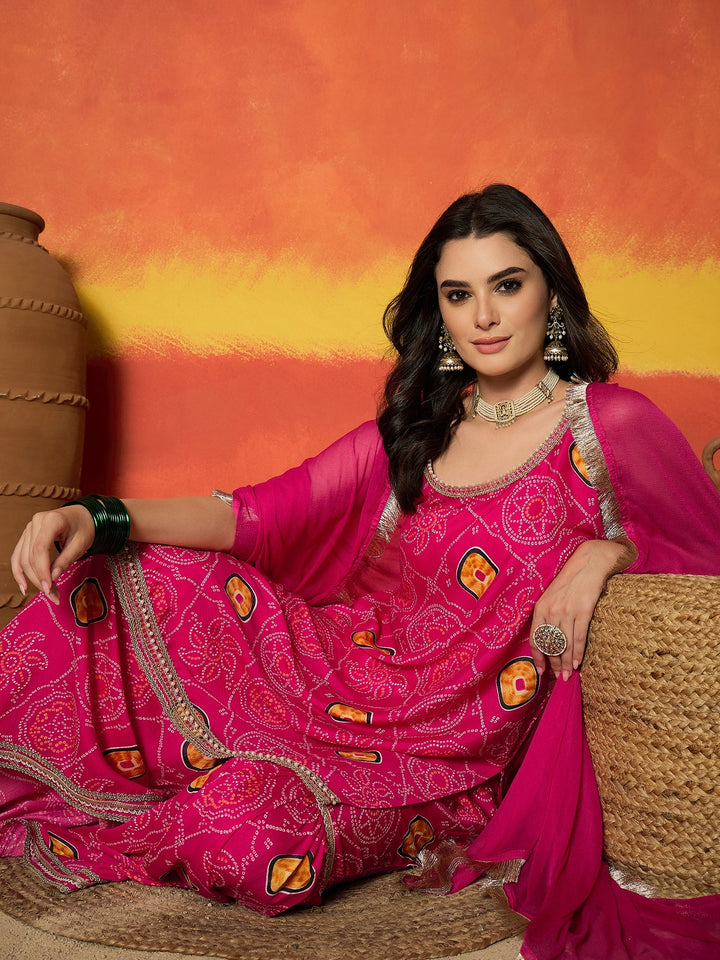 Pink Bandhej Printed Crepe Straight Kurta Sharara Dupatta Set