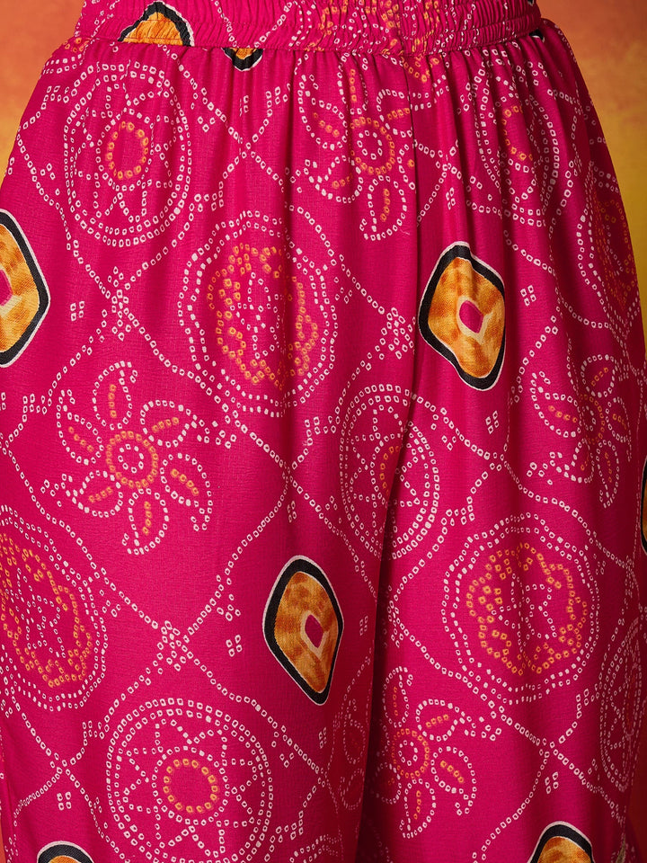 Pink Bandhej Printed Crepe Straight Kurta Sharara Dupatta Set