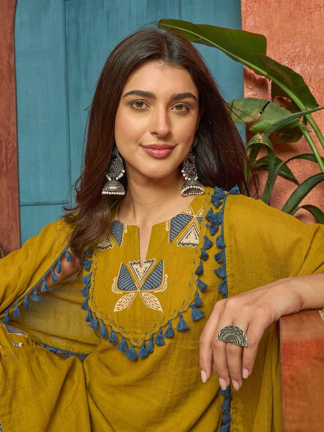 Corn Solid Cotton Straight Kurti Farshi Salwar Dupatta Set