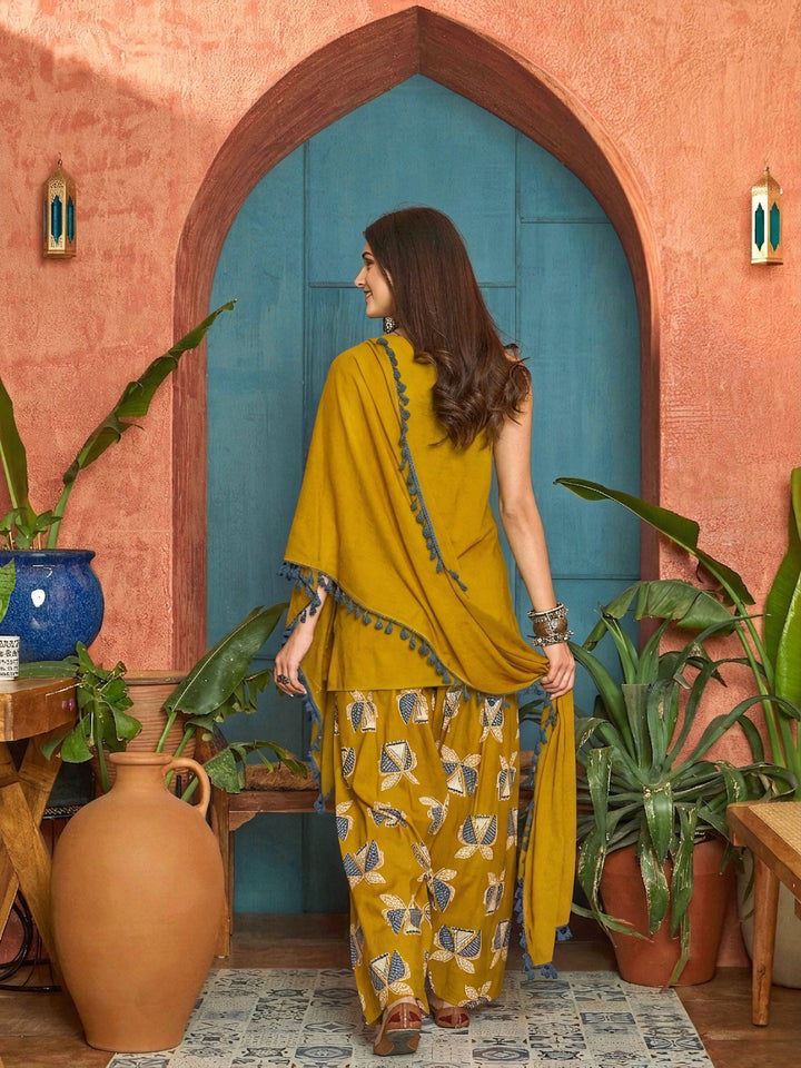 Corn Solid Cotton Straight Kurti Farshi Salwar Dupatta Set