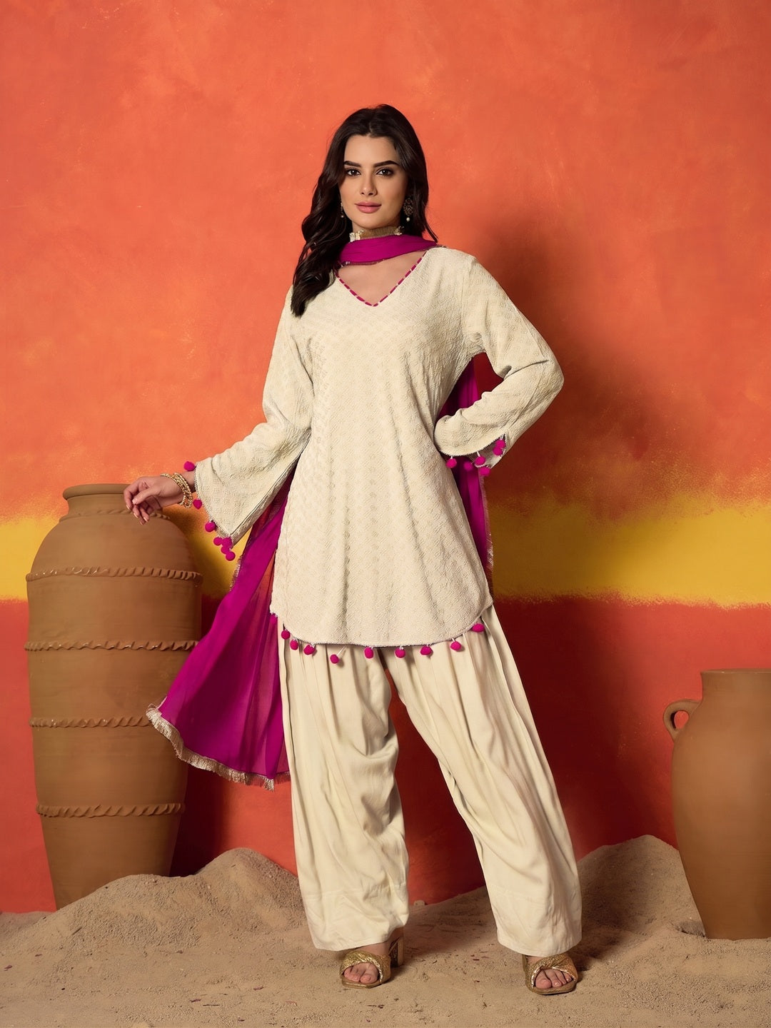 Cream Chikankari Rayon A-Line Kurti Farshi Salwar With Dupatta Set