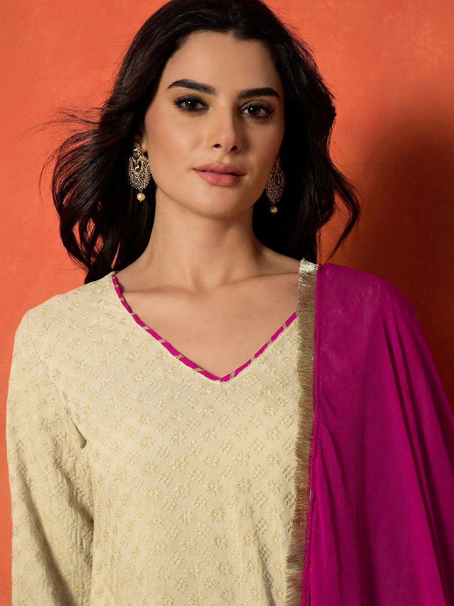 Cream Chikankari Rayon A-Line Kurti Farshi Salwar With Dupatta Set