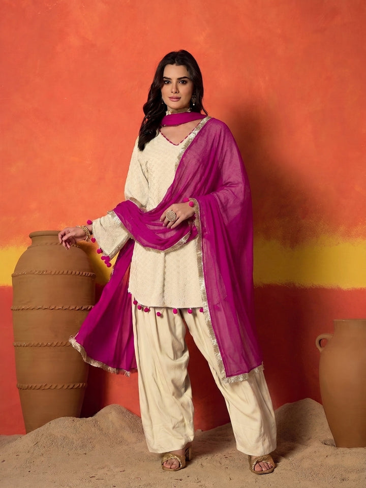 Cream Chikankari Rayon A-Line Kurti Farshi Salwar With Dupatta Set