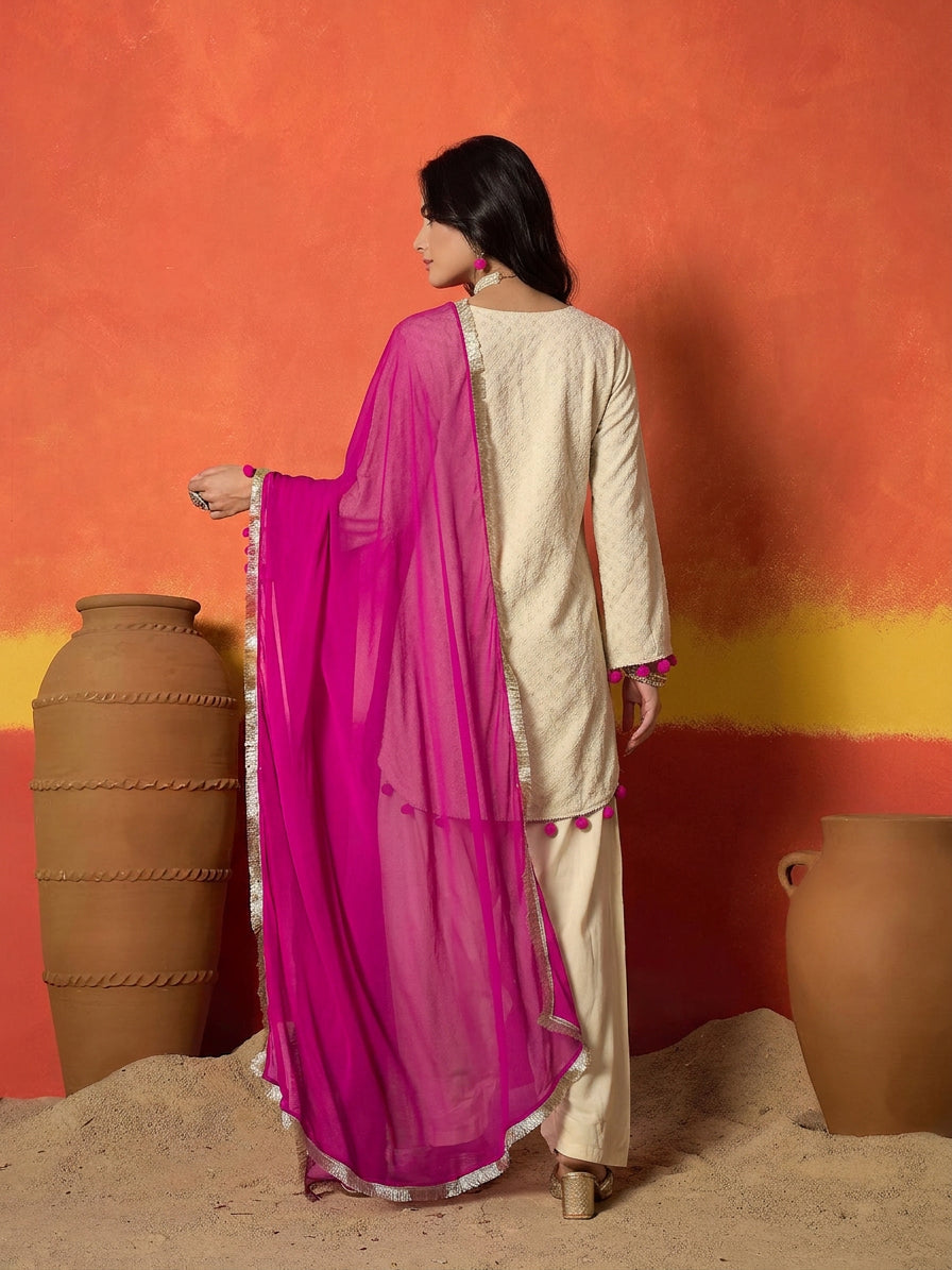 Cream Chikankari Rayon A-Line Kurti Farshi Salwar With Dupatta Set