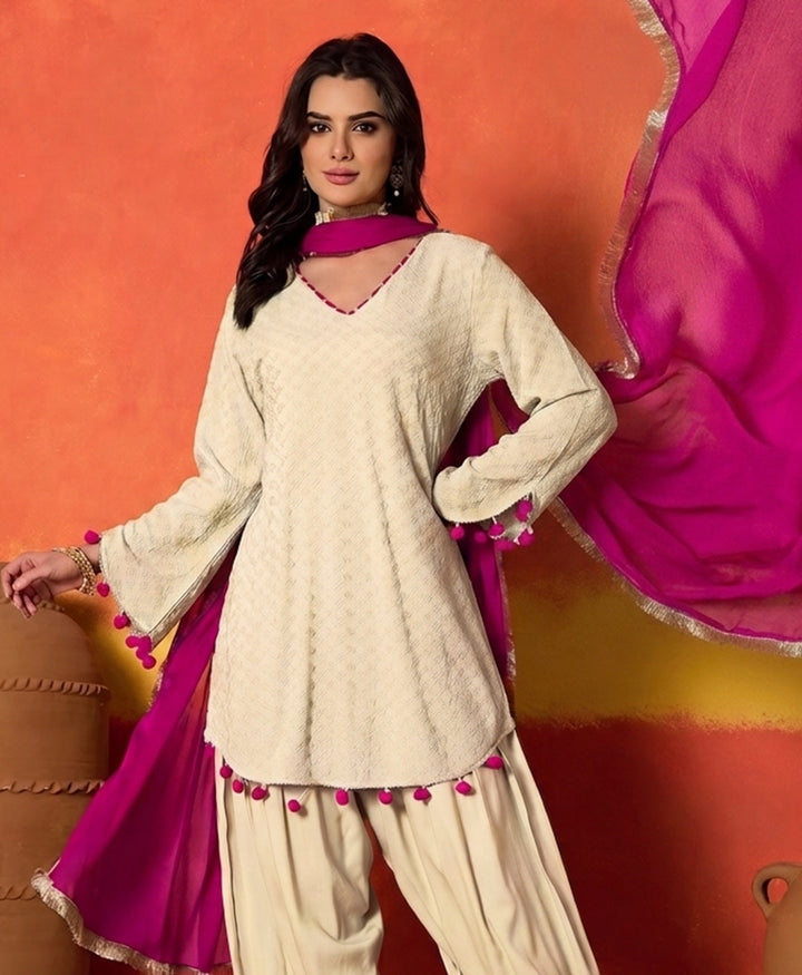 Cream Chikankari Rayon A-Line Kurti Farshi Salwar With Dupatta Set