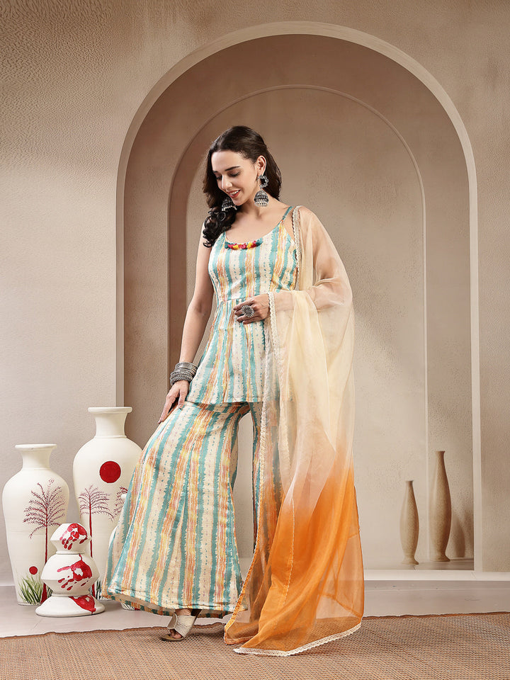 Cream Leheriya Printed Kota Doria Short Kurti Sharara Dupatta Set