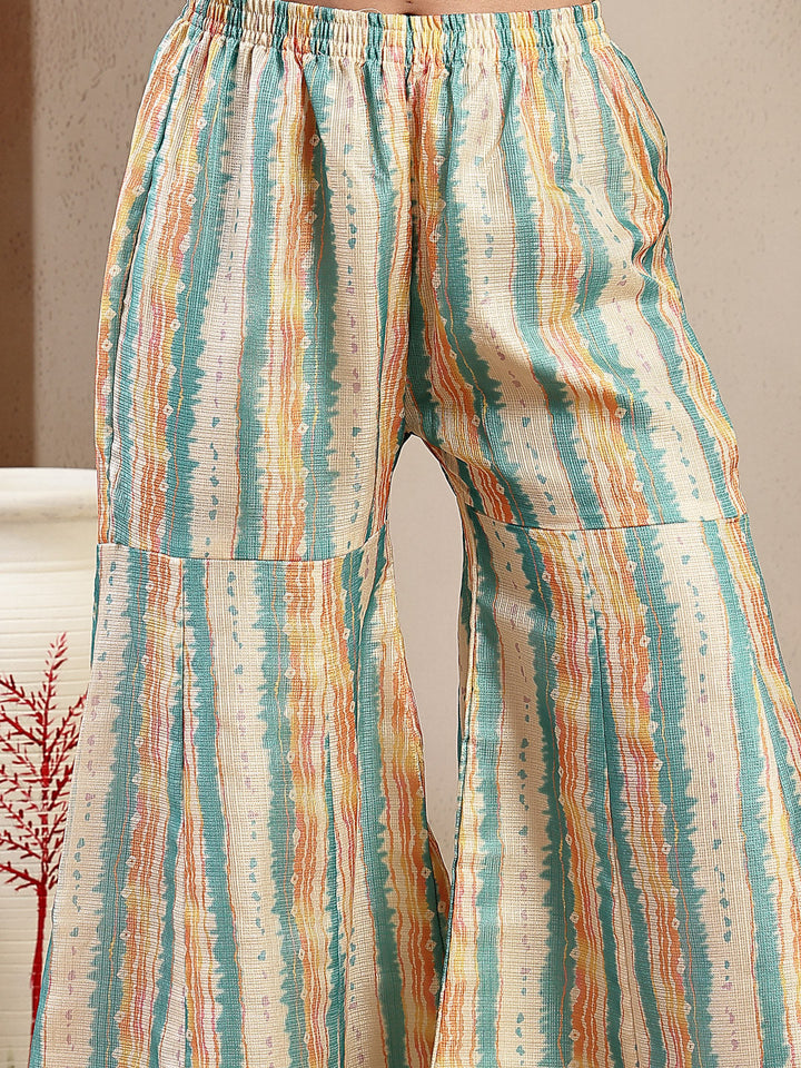 Cream Leheriya Printed Kota Doria Short Kurti Sharara Dupatta Set