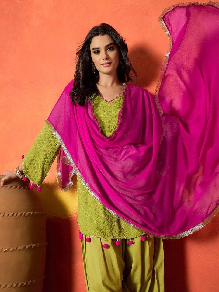 Green Chikankari Rayon A-Line Kurti Farshi Salwar With Dupatta Set