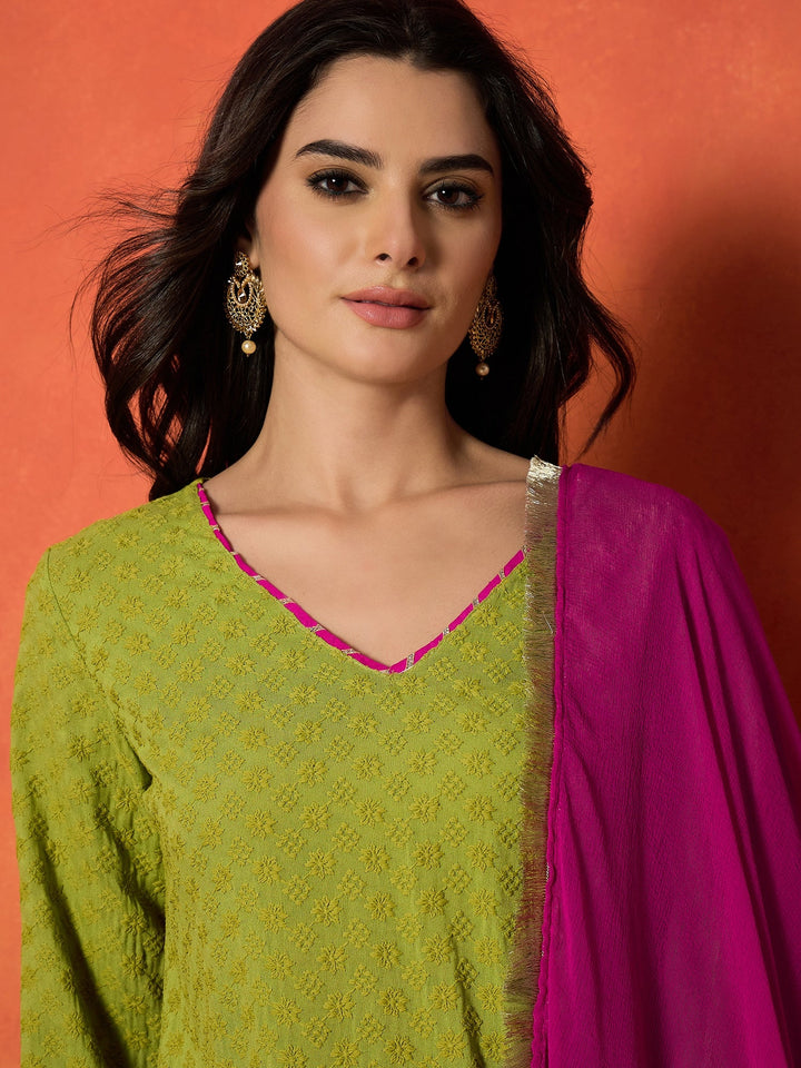 Green Chikankari Rayon A-Line Kurti Farshi Salwar With Dupatta Set