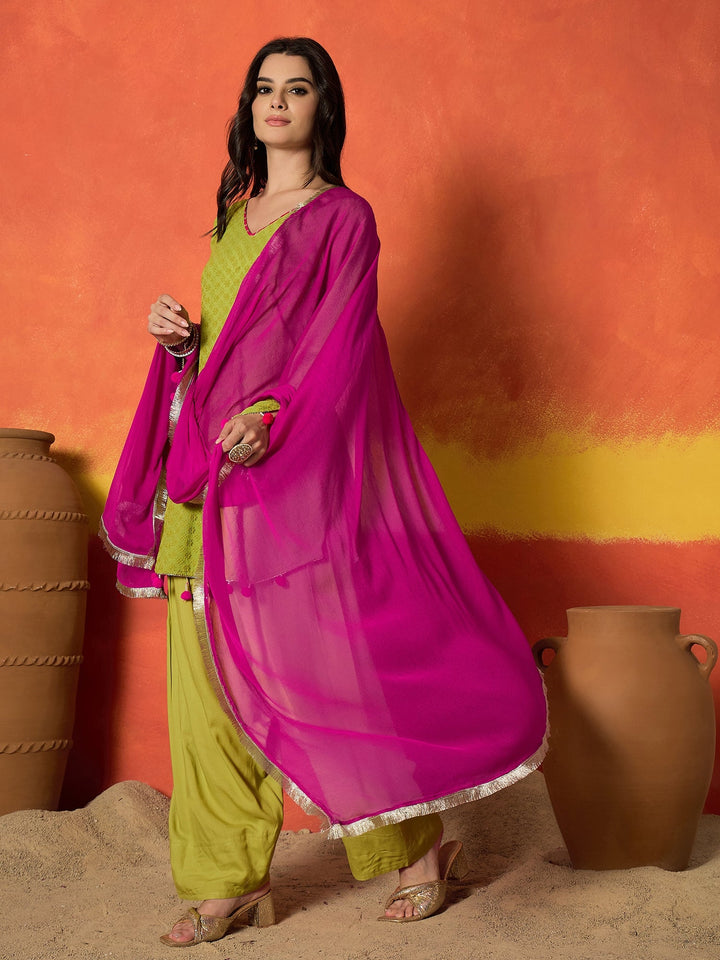 Green Chikankari Rayon A-Line Kurti Farshi Salwar With Dupatta Set