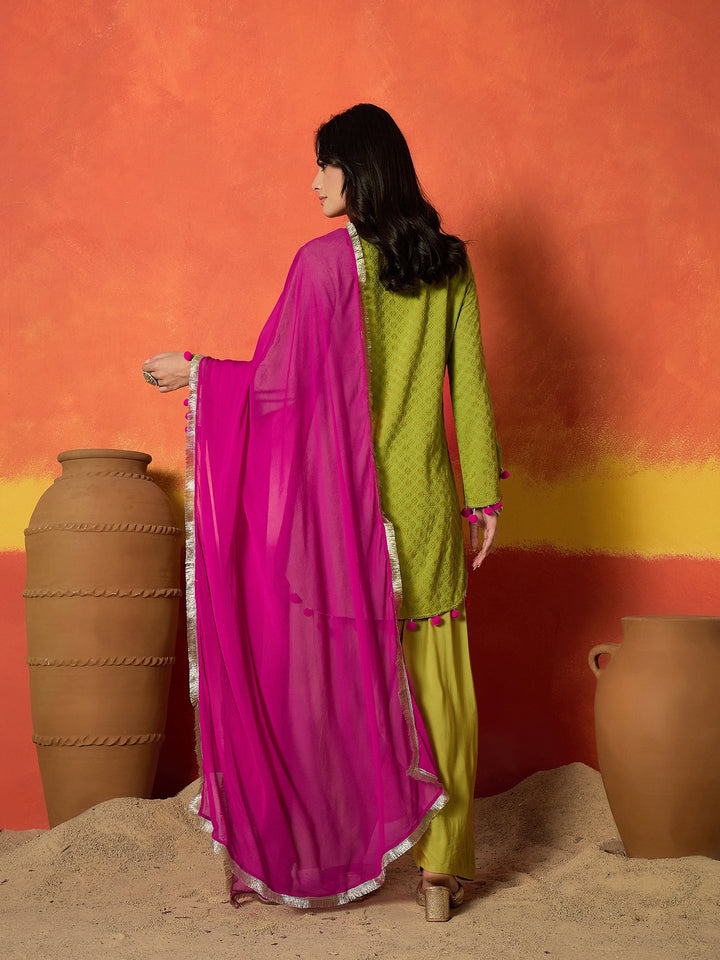 Green Chikankari Rayon A-Line Kurti Farshi Salwar With Dupatta Set