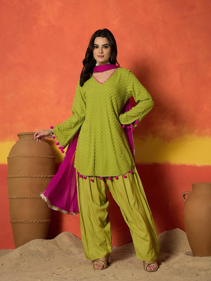 Green Chikankari Rayon A-Line Kurti Farshi Salwar With Dupatta Set