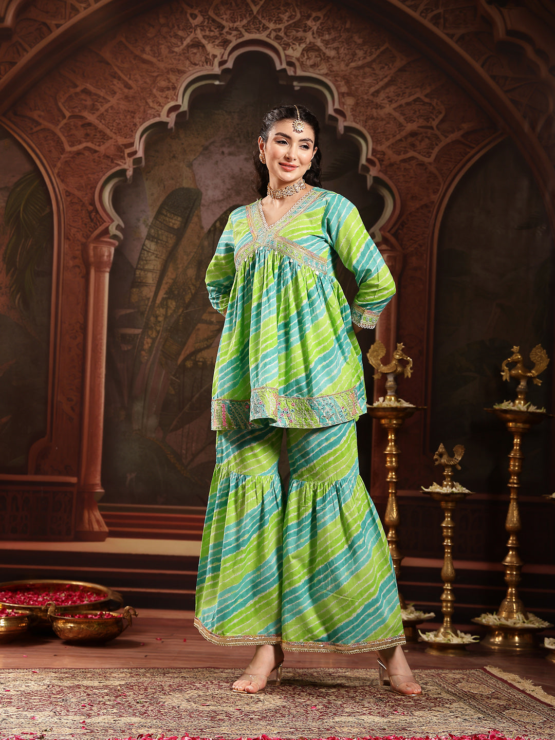 Green Leheriya Printed & Embroidered Cotton A-Line Short Kurti Sharara Dupatta Set