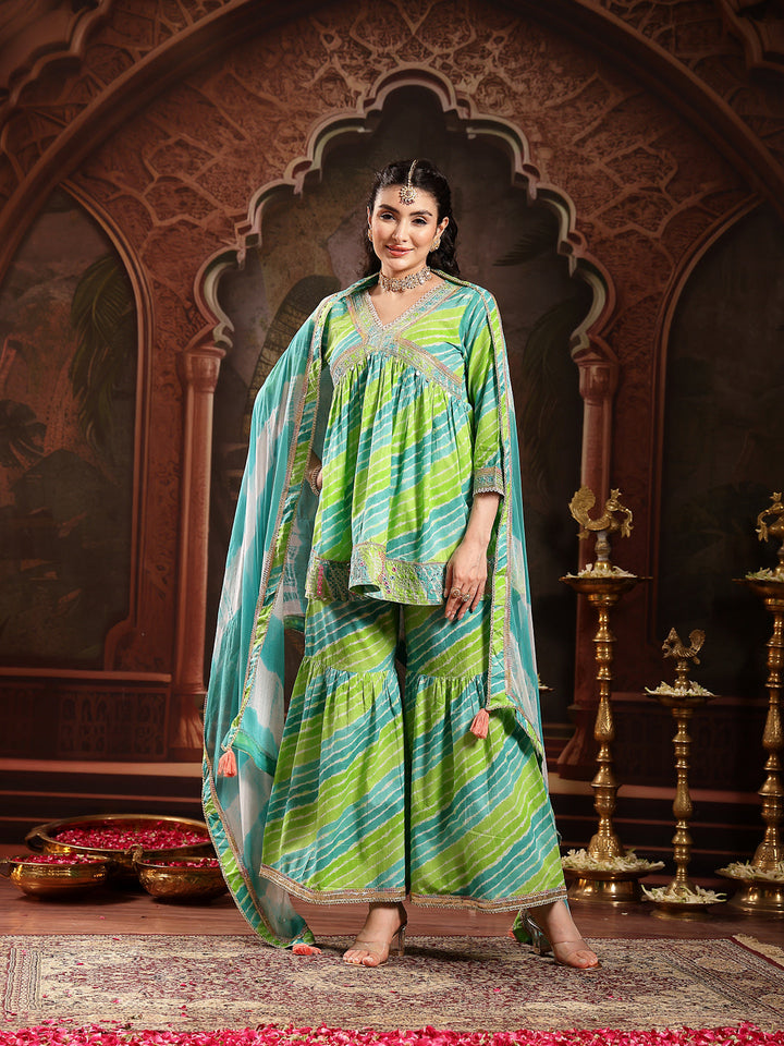 Green Leheriya Printed & Embroidered Cotton A-Line Short Kurti Sharara Dupatta Set