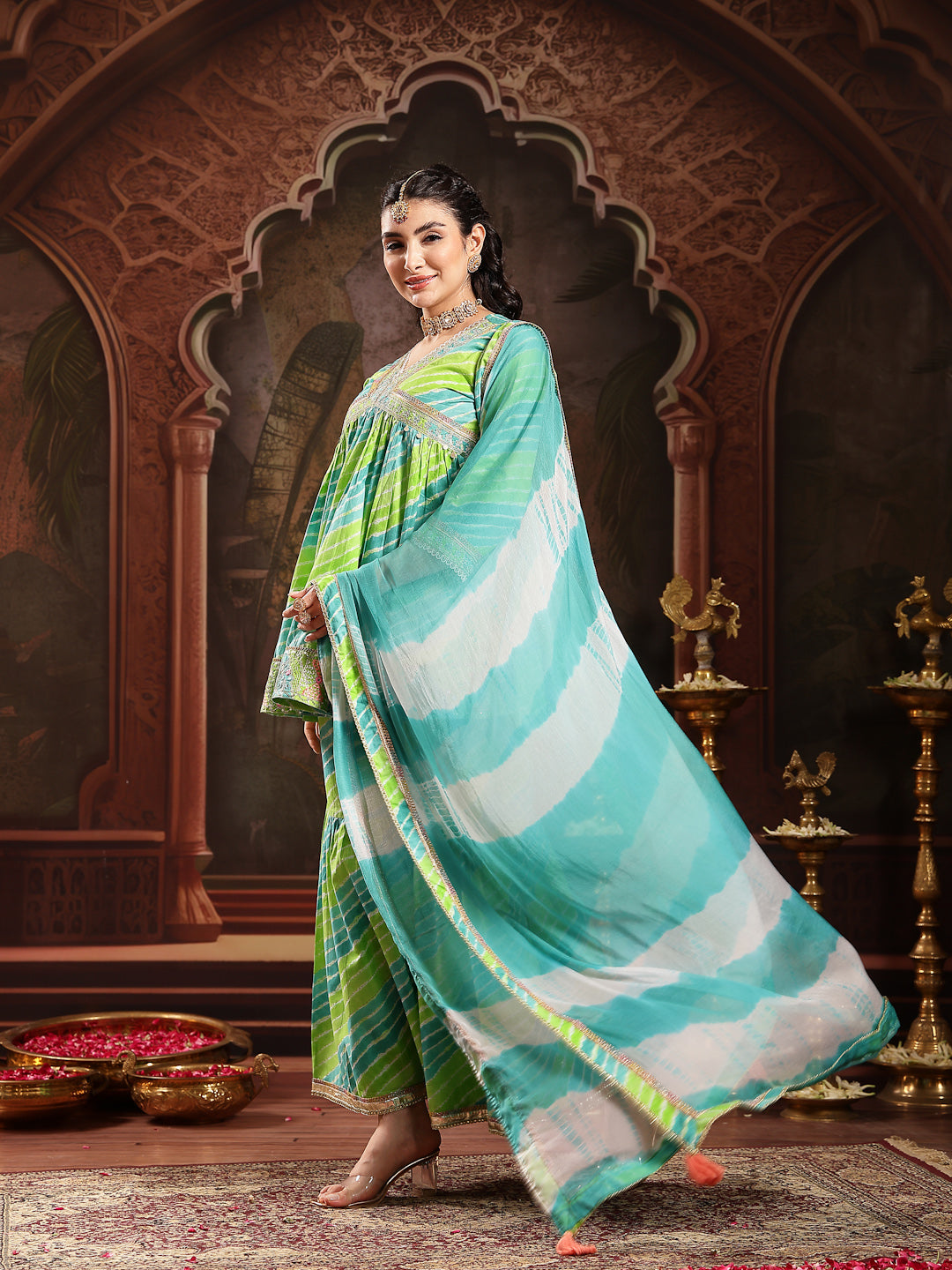 Green Leheriya Printed & Embroidered Cotton A-Line Short Kurti Sharara Dupatta Set