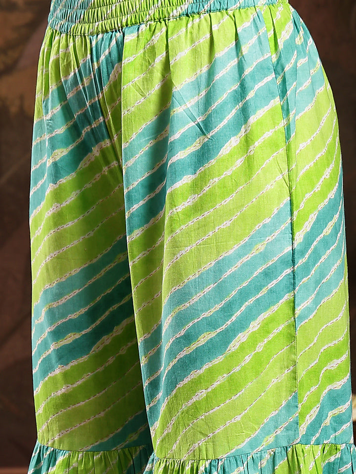 Green Leheriya Printed & Embroidered Cotton A-Line Short Kurti Sharara Dupatta Set
