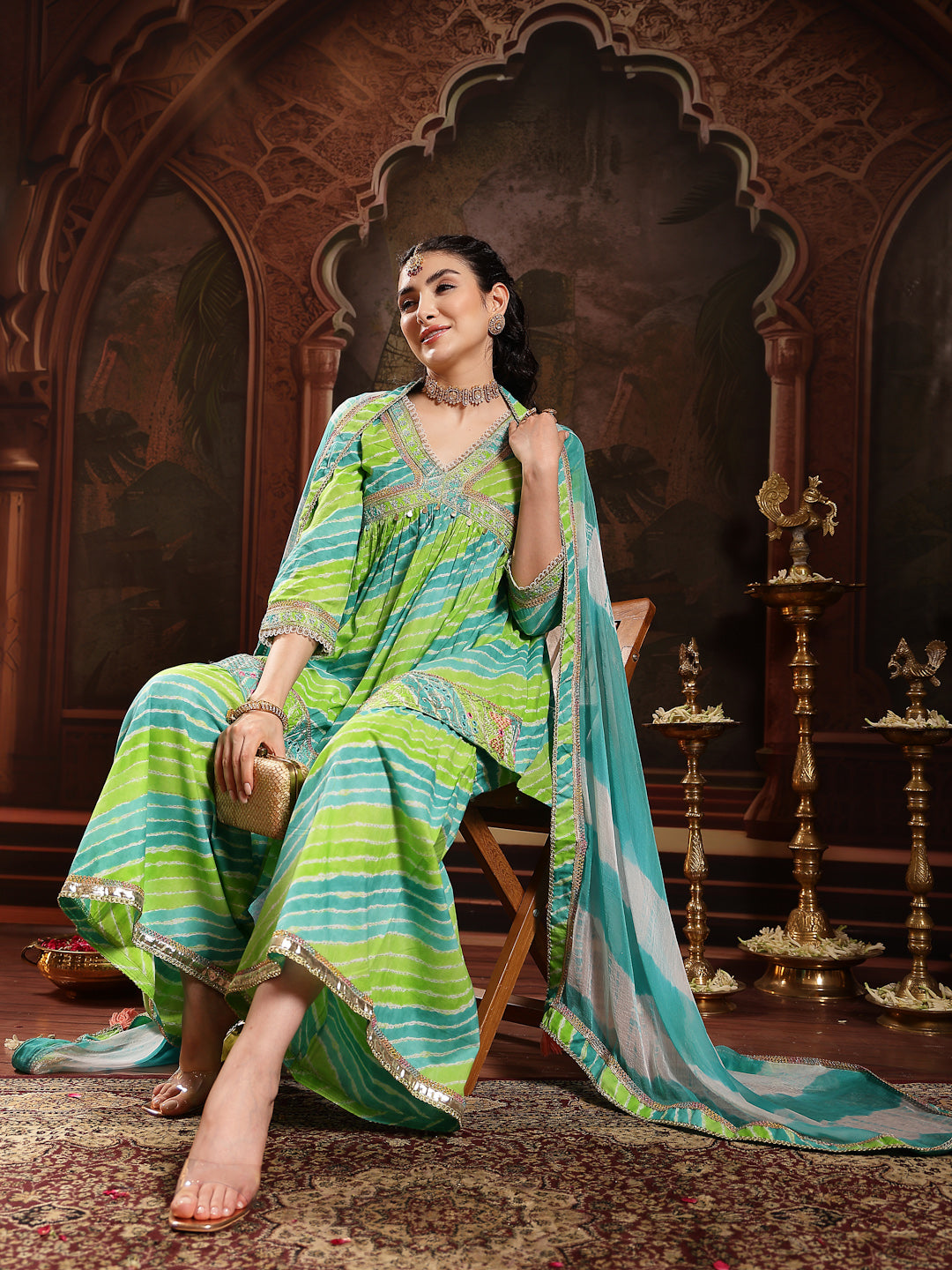 Green Leheriya Printed & Embroidered Cotton A-Line Short Kurti Sharara Dupatta Set