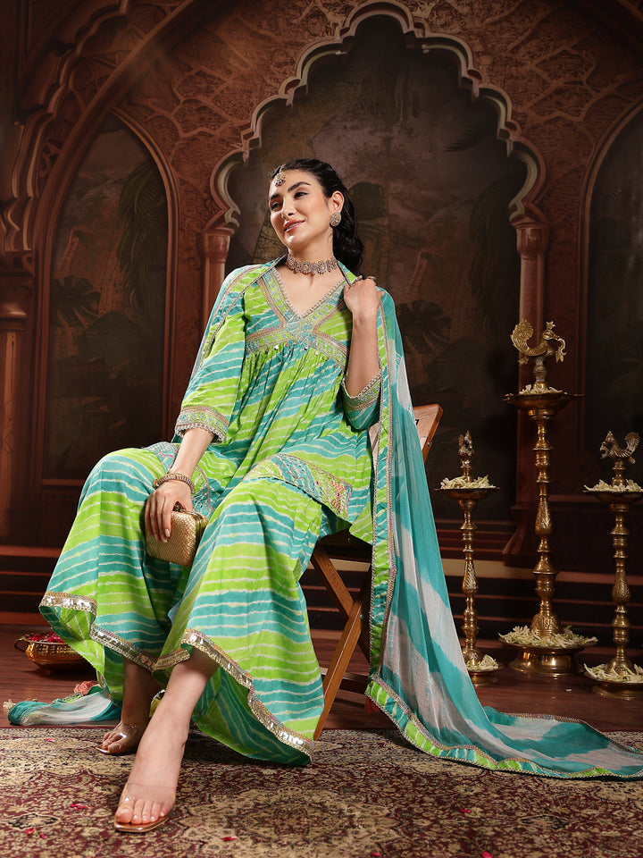 Green Leheriya Printed & Embroidered Cotton A-Line Short Kurti Sharara Dupatta Set