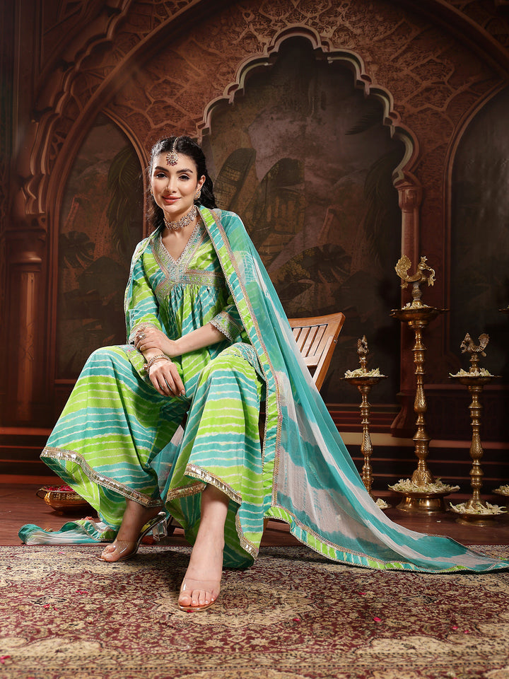 Green Leheriya Printed & Embroidered Cotton A-Line Short Kurti Sharara Dupatta Set