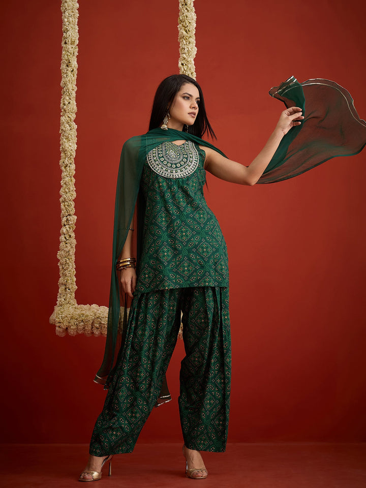 Green Bandhej Printed & Embroidered Rayon Straight Short Kurti Farshi Salwar Dupatta Set