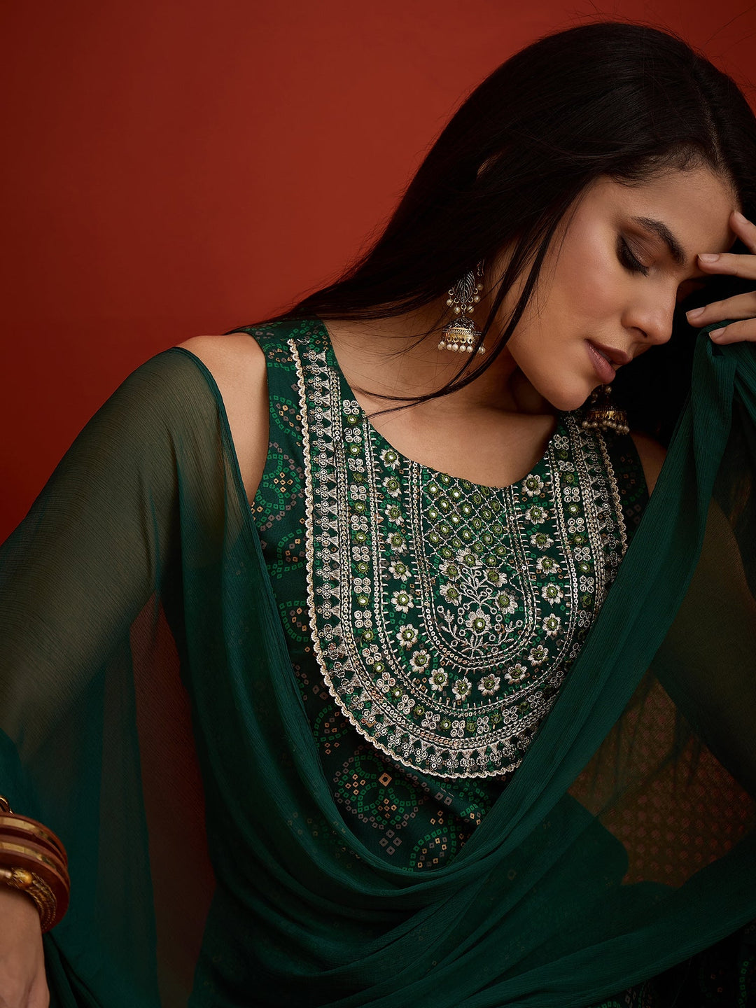 Green Bandhej Printed & Embroidered Rayon Straight Short Kurti Farshi Salwar Dupatta Set