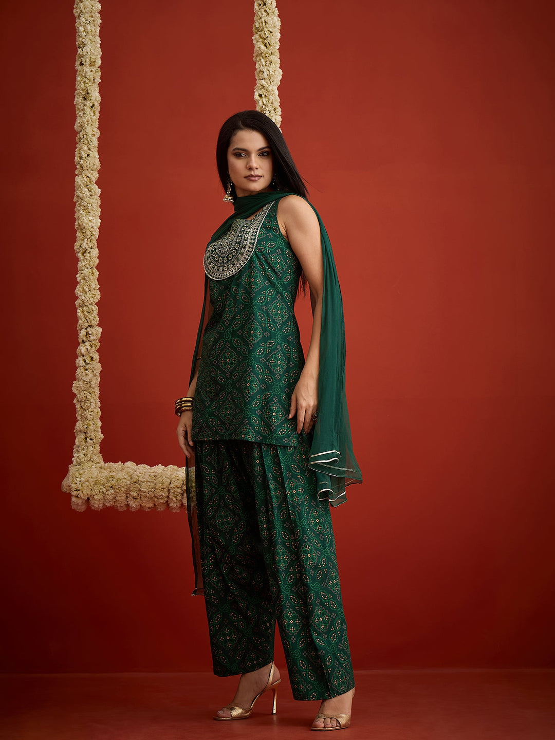 Green Bandhej Printed & Embroidered Rayon Straight Short Kurti Farshi Salwar Dupatta Set