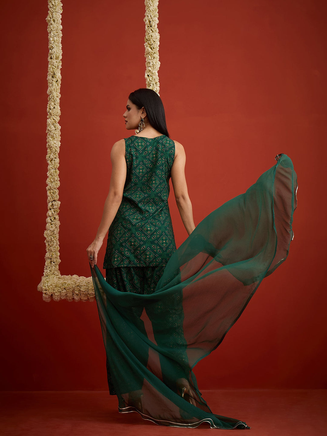 Green Bandhej Printed & Embroidered Rayon Straight Short Kurti Farshi Salwar Dupatta Set