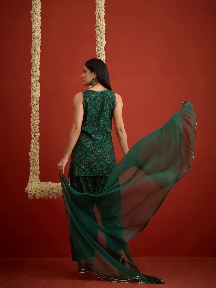 Green Bandhej Printed & Embroidered Rayon Straight Short Kurti Farshi Salwar Dupatta Set