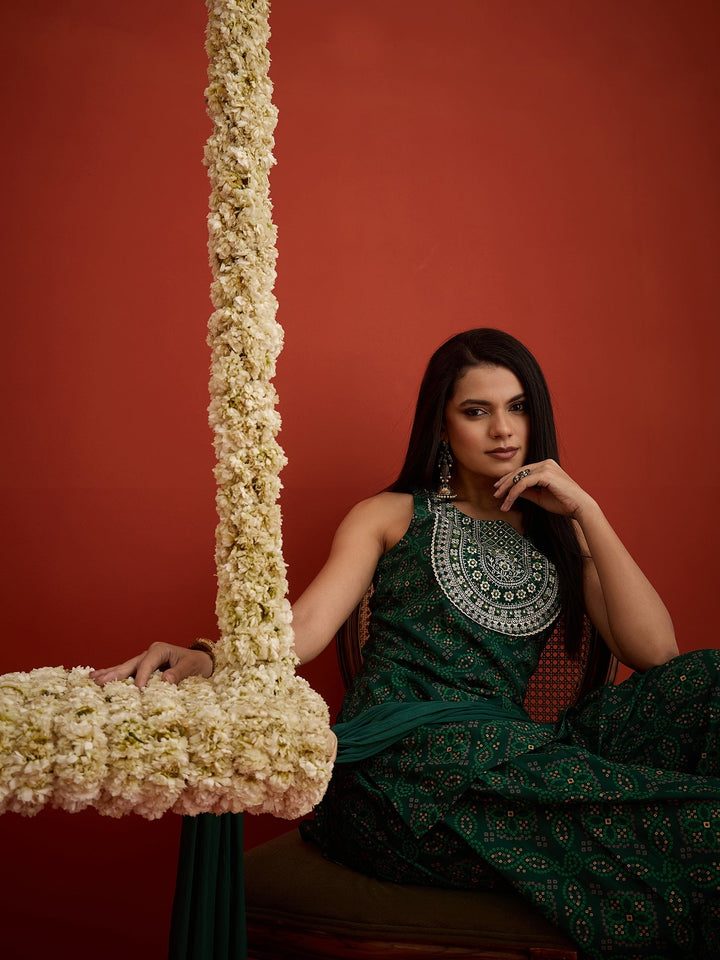 Green Bandhej Printed & Embroidered Rayon Straight Short Kurti Farshi Salwar Dupatta Set
