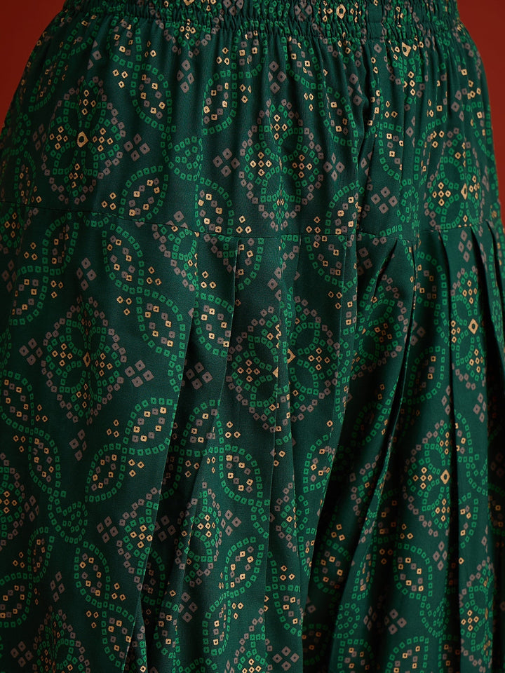 Green Bandhej Printed & Embroidered Rayon Straight Short Kurti Farshi Salwar Dupatta Set