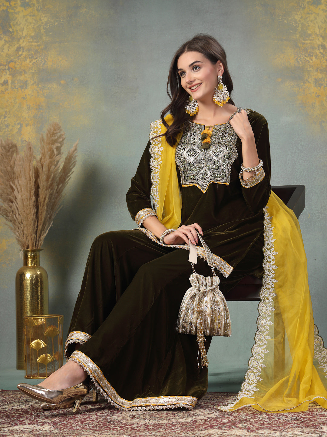 Green-Velvet-Embroidered-Straight-Sharara-Set