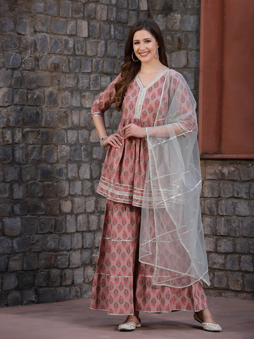 Peach-Rayon-Floral-Printed-3-Piece-Sharara-Set