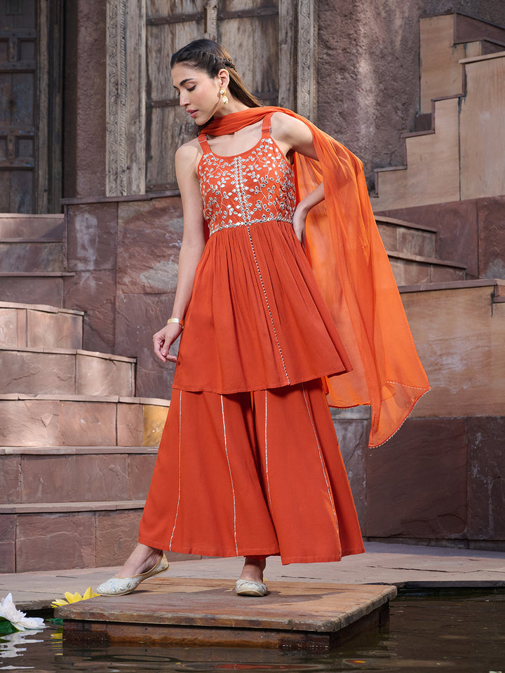 Orange-Rayon-Solid-&-Embrpodered-3-Piece-Sharara-Set