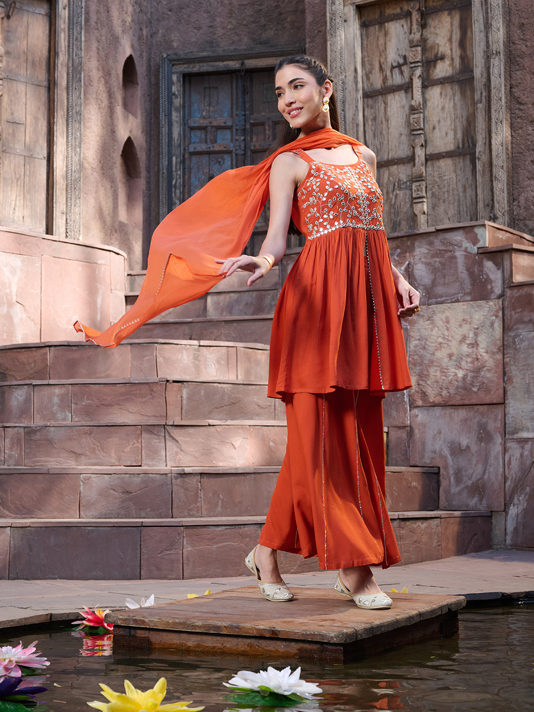 Orange-Rayon-Solid-&-Embrpodered-3-Piece-Sharara-Set