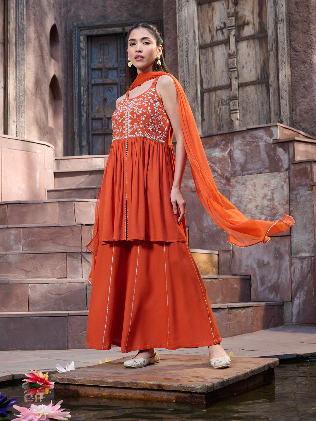 Orange-Rayon-Solid-&-Embrpodered-3-Piece-Sharara-Set