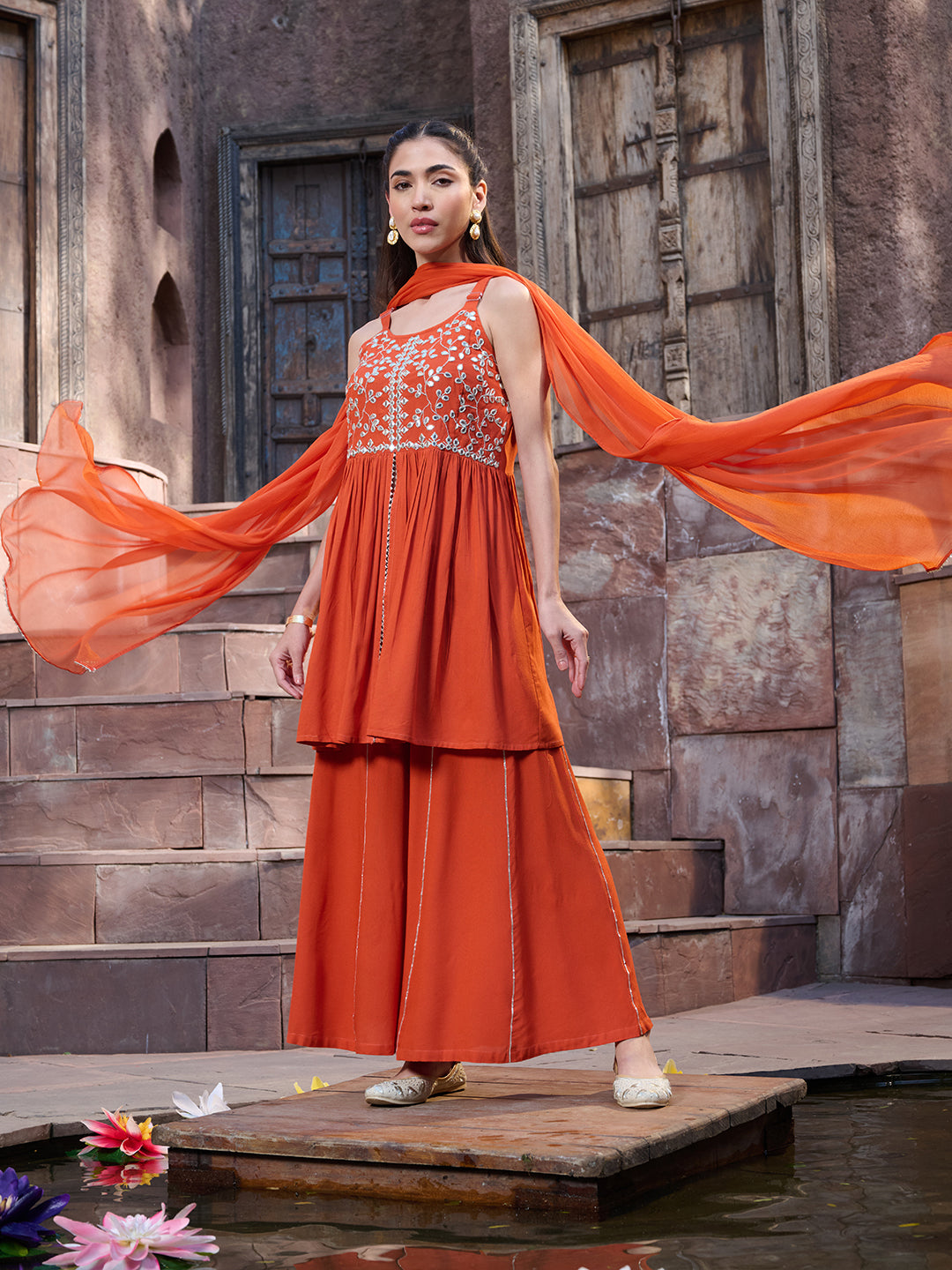 Orange-Rayon-Solid-&-Embrpodered-3-Piece-Sharara-Set