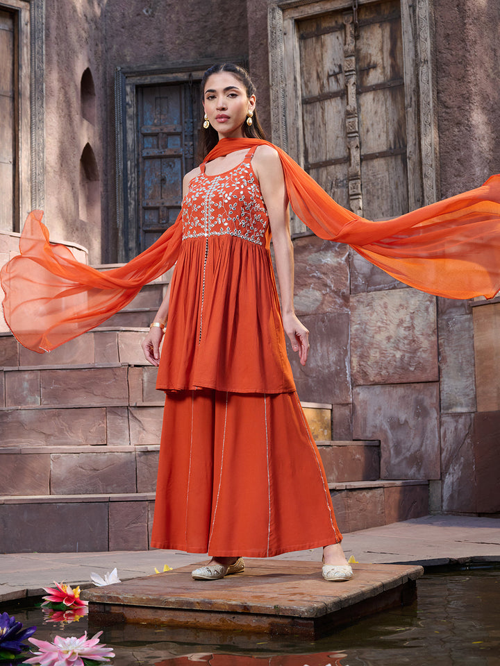 Orange-Rayon-Solid-&-Embrpodered-3-Piece-Sharara-Set