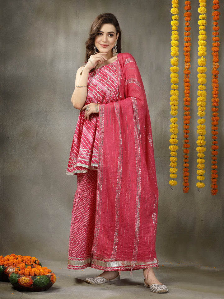 Pink-Cotton-Lehariya-Printed-&-Embroidered-3-Piece-Sharara-Set