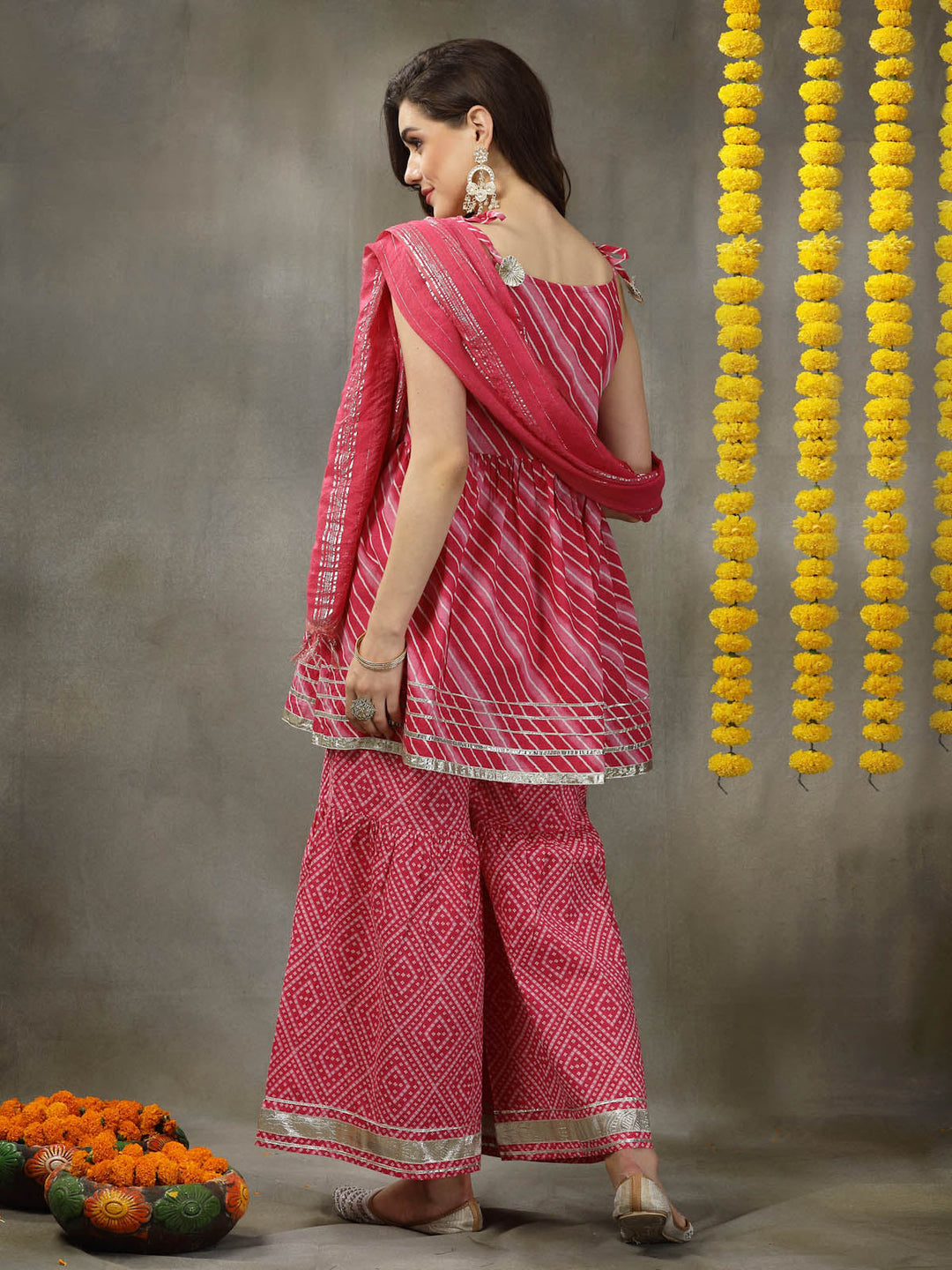 Pink-Cotton-Lehariya-Printed-&-Embroidered-3-Piece-Sharara-Set