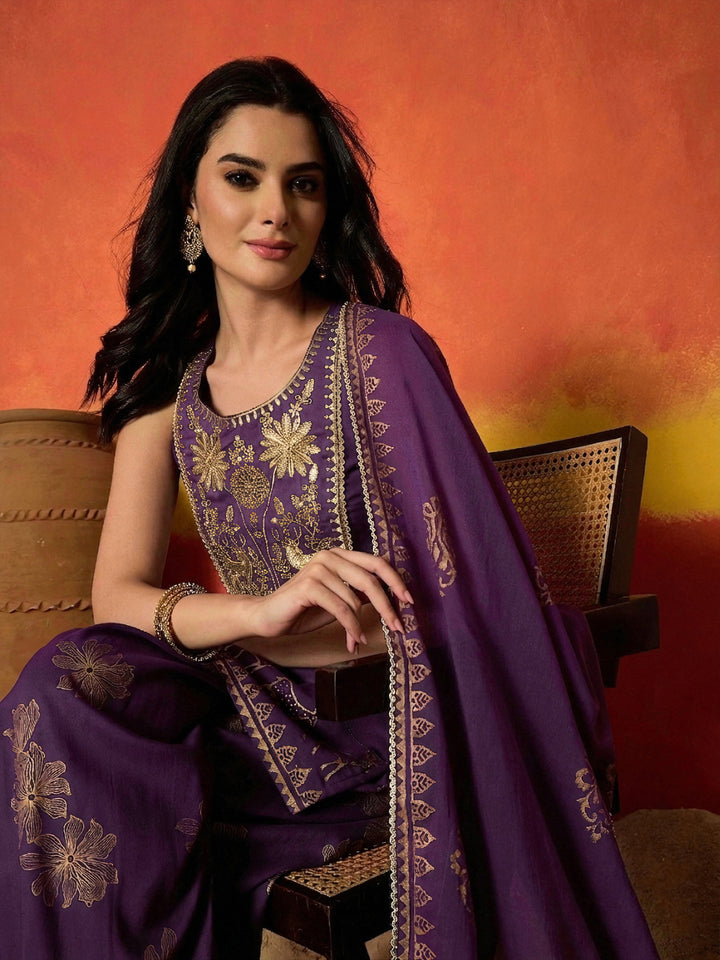Purple Gold Printed & Embroidered Rayon Straight Short Kurti Farshi Salwar Dupatta Set