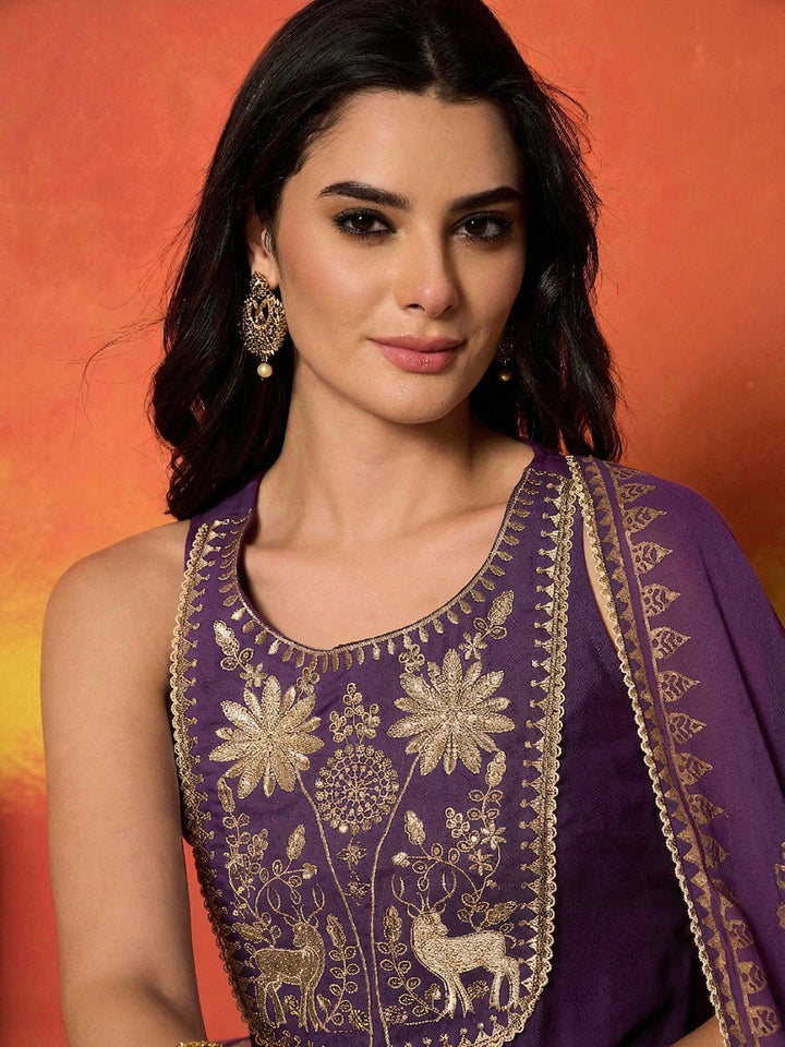 Purple Gold Printed & Embroidered Rayon Straight Short Kurti Farshi Salwar Dupatta Set