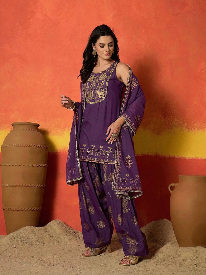 Purple Gold Printed & Embroidered Rayon Straight Short Kurti Farshi Salwar Dupatta Set