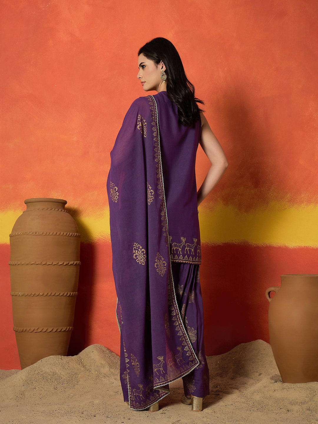 Purple Gold Printed & Embroidered Rayon Straight Short Kurti Farshi Salwar Dupatta Set