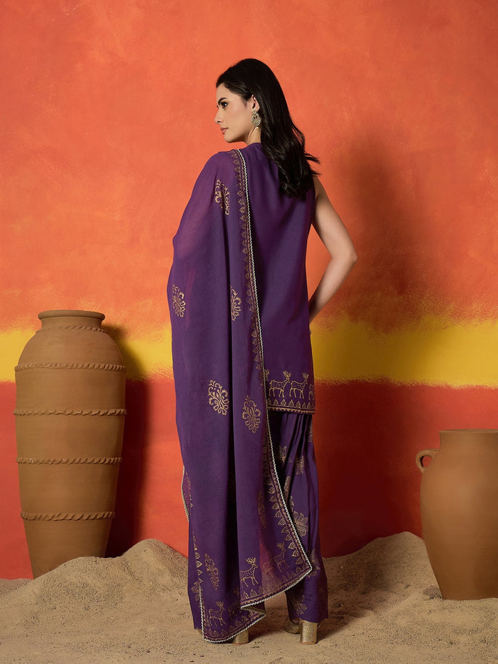 Purple Gold Printed & Embroidered Rayon Straight Short Kurti Farshi Salwar Dupatta Set