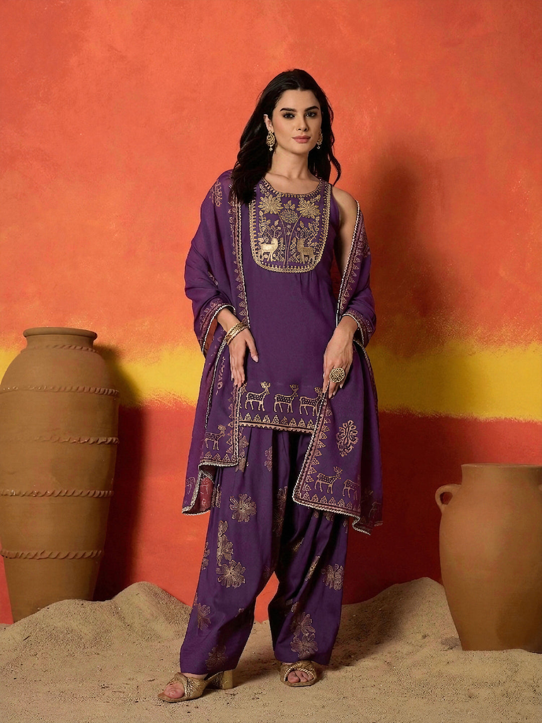 Purple Gold Printed & Embroidered Rayon Straight Short Kurti Farshi Salwar Dupatta Set