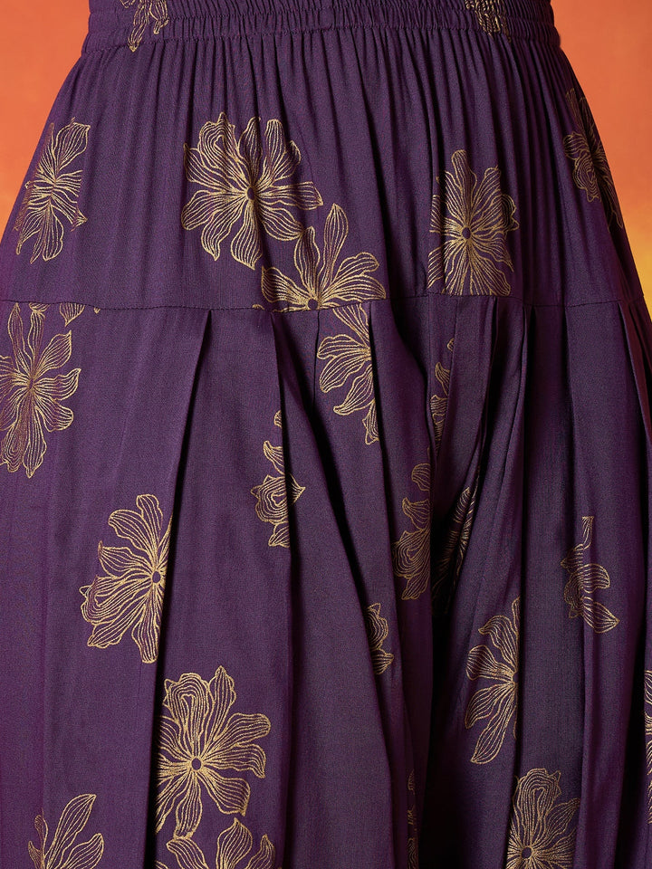 Purple Gold Printed & Embroidered Rayon Straight Short Kurti Farshi Salwar Dupatta Set