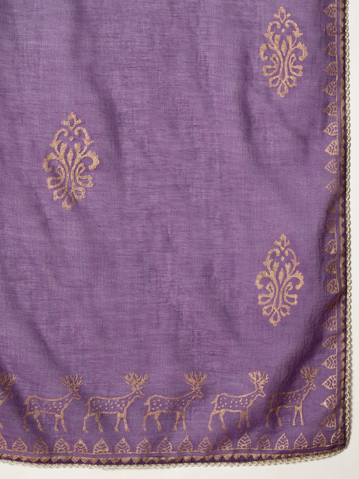 Purple Gold Printed & Embroidered Rayon Straight Short Kurti Farshi Salwar Dupatta Set
