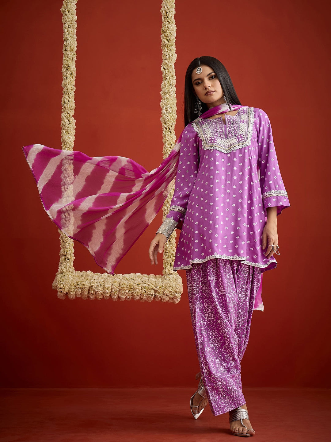 Purple Bandhej Printed & Embroidered Rayon A-Line Short Kurti Farshi Salwar Dupatta Set
